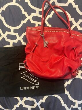 Red Leather Drawstring Tote with Dust Bag